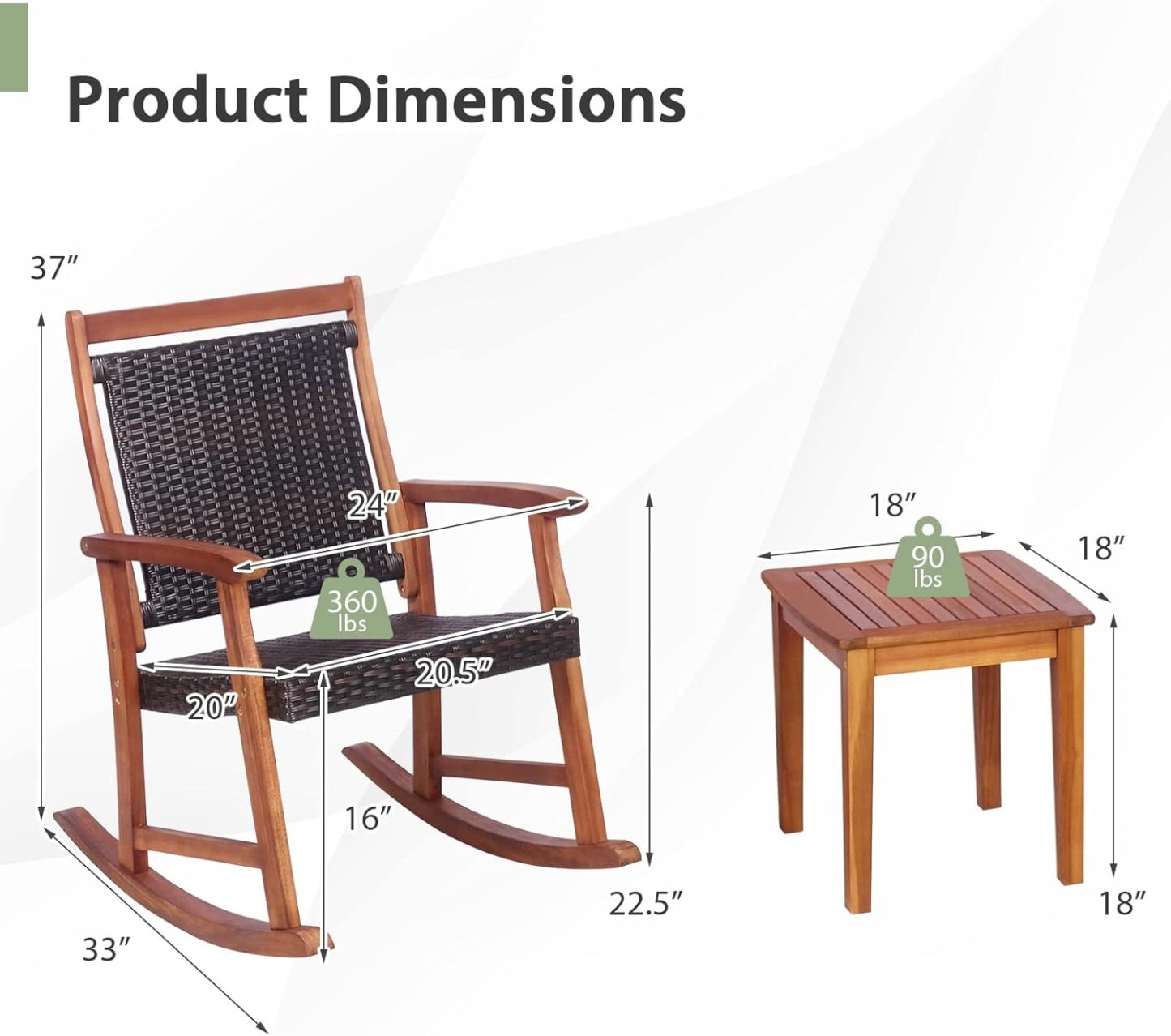 3 Pieces Rocking Bistro Set Acacia Wood Patio Rocking Chairs with Coffee Table, Rattan Wicker Rocking Conversation Set for Garden Porch Backyard