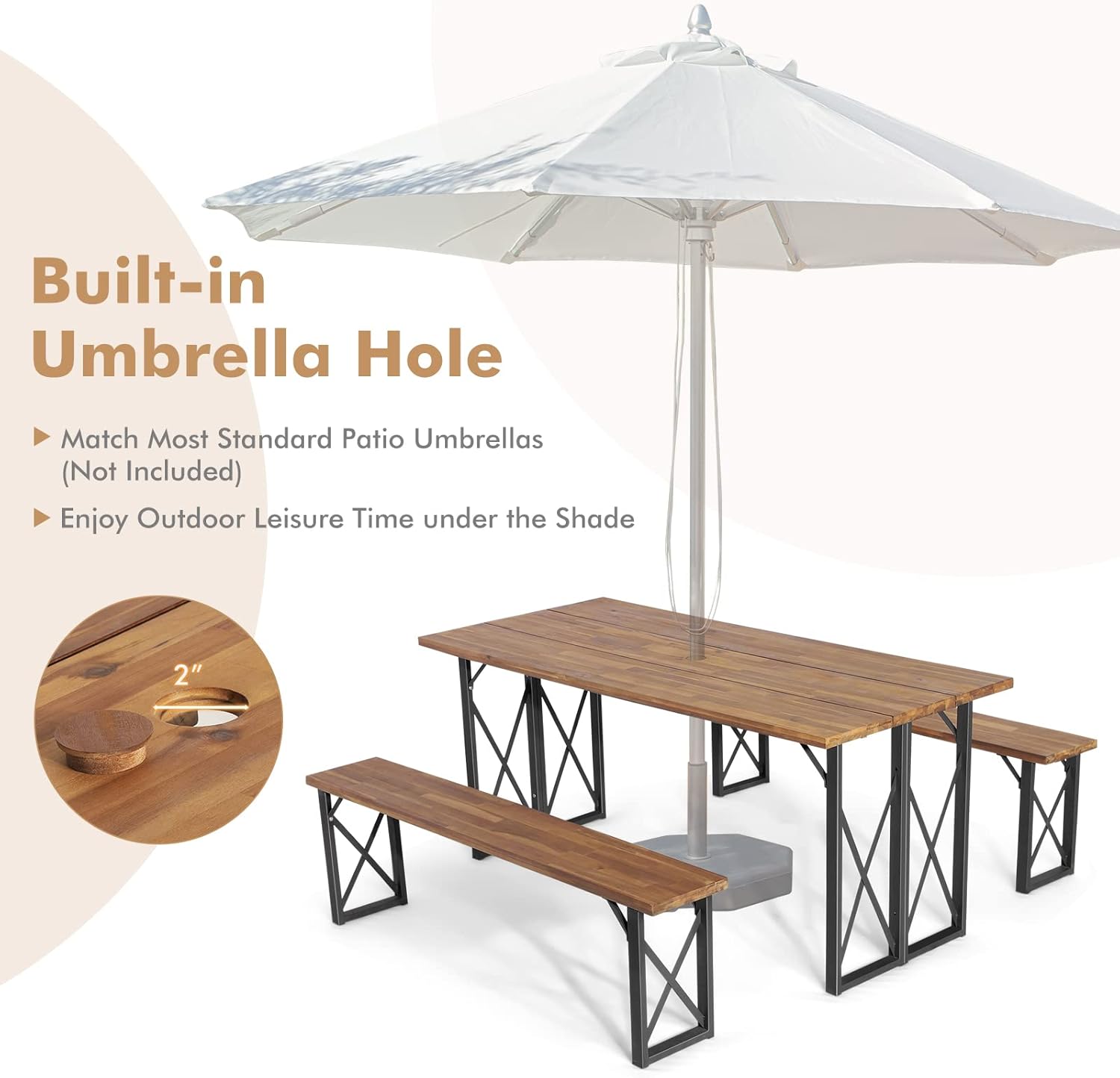 3 Pieces Outdoor Dining Set with Metal Frame, Solid Acacia Wood Patio Dining Table and Bench Set with 2 Inches Umbrella Hole