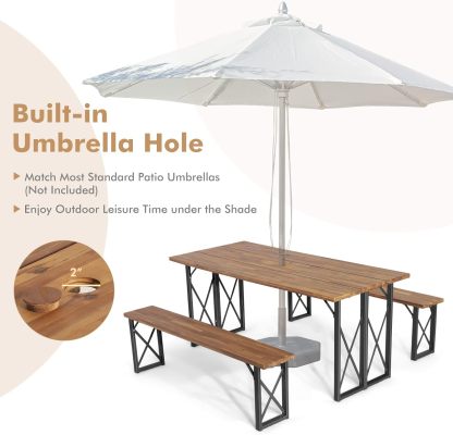 3 Pieces Outdoor Dining Set with Metal Frame, Solid Acacia Wood Patio Dining Table and Bench Set with 2 Inches Umbrella Hole