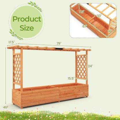 Raised Garden Bed with Trellis, Freestanding Wood Planter Box w/Hanging Roof & 8 Drainage Holes for Vine, Climbing Plants, Flowers, Outdoor Planter with Trellis