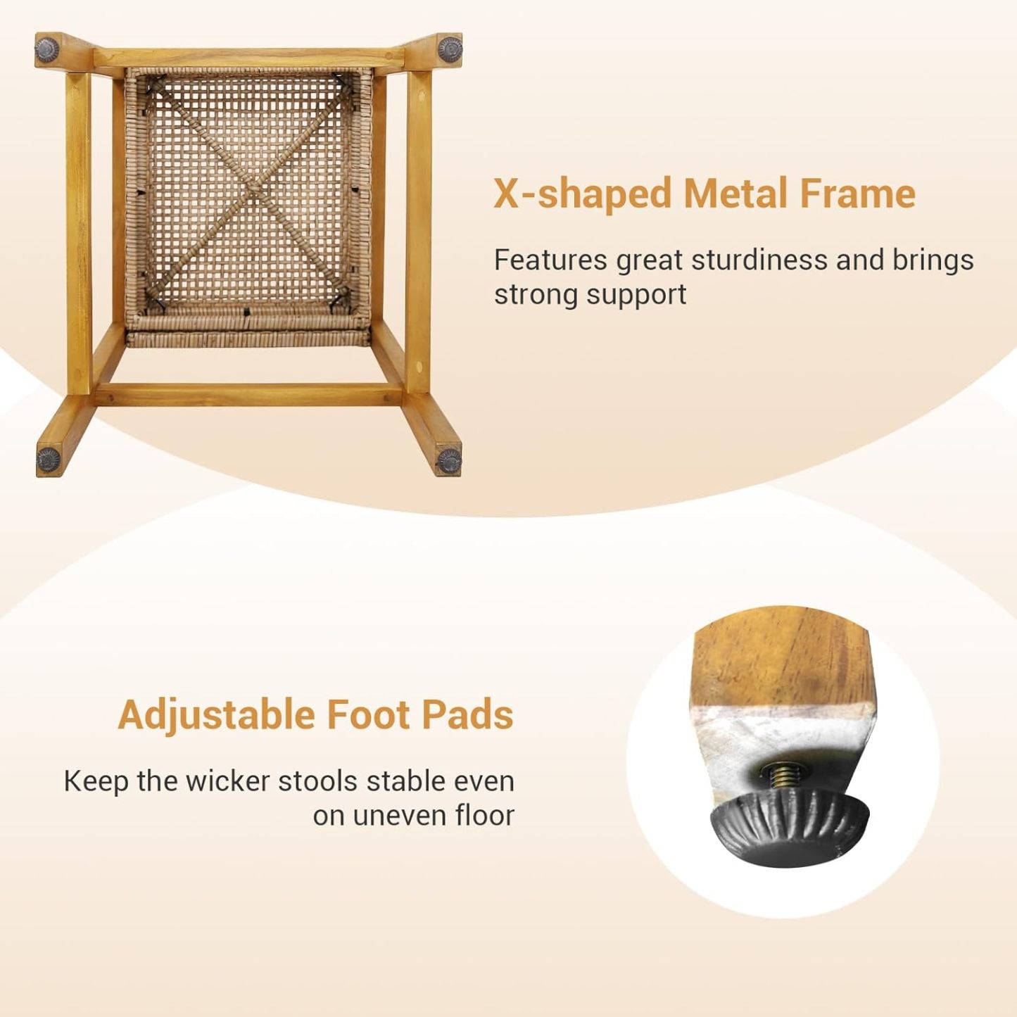 Wicker Bar Stools Set of 2, Patio Chairs with Solid Wood Frame, Ergonomic Footrest, Indoor Outdoor Bar Height Chairs