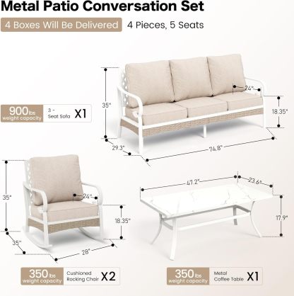 4 PCS Metal Outdoor Patio Furniture Set, Patio Conversation Set 1 3-seater Sofa, 2 Rocking Chairs with 5.75" Extra Thick Cushion and Coffee Table