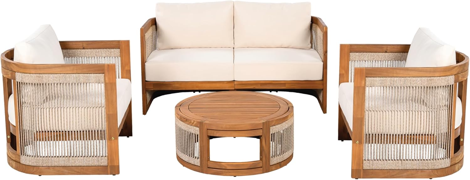 4-Piece Patio Conversation Set, All Weather Sectional Sofa Set w/ 2 Chairs, Loveseat & Table Premium