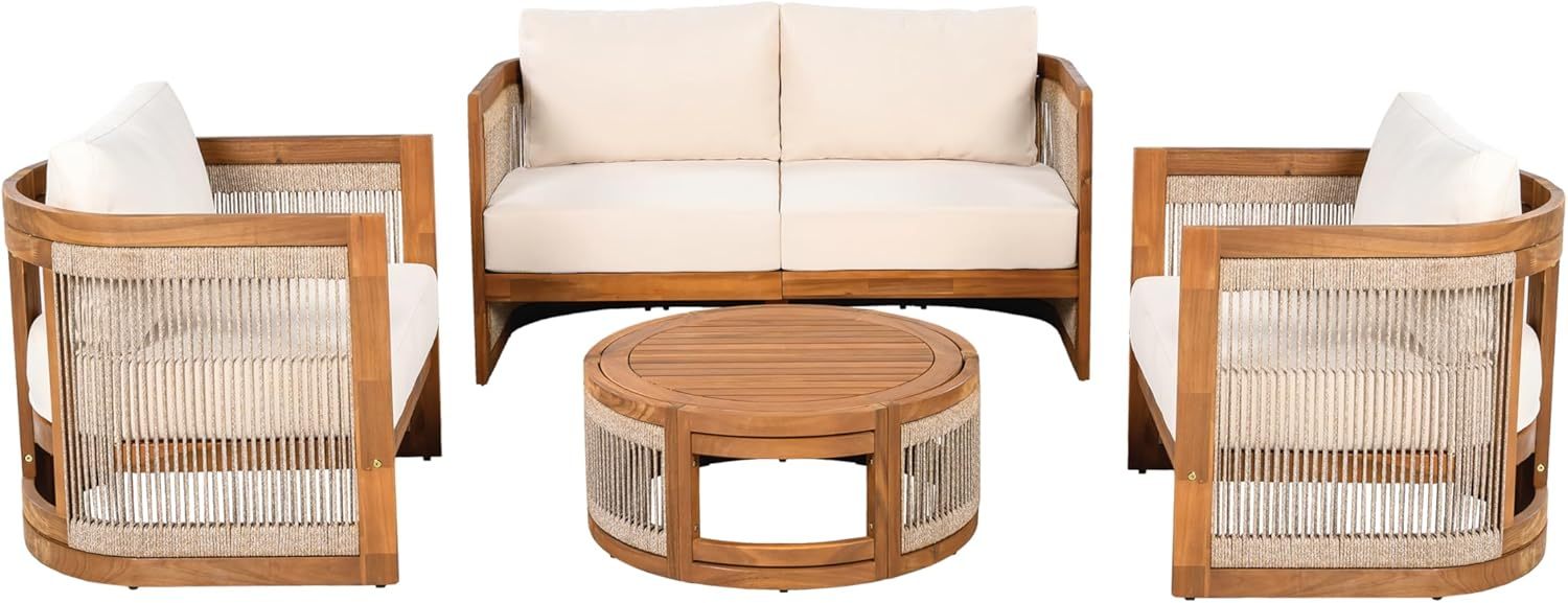 4-Piece Patio Conversation Set, All Weather Sectional Sofa Set w/ 2 Chairs, Loveseat & Table Premium