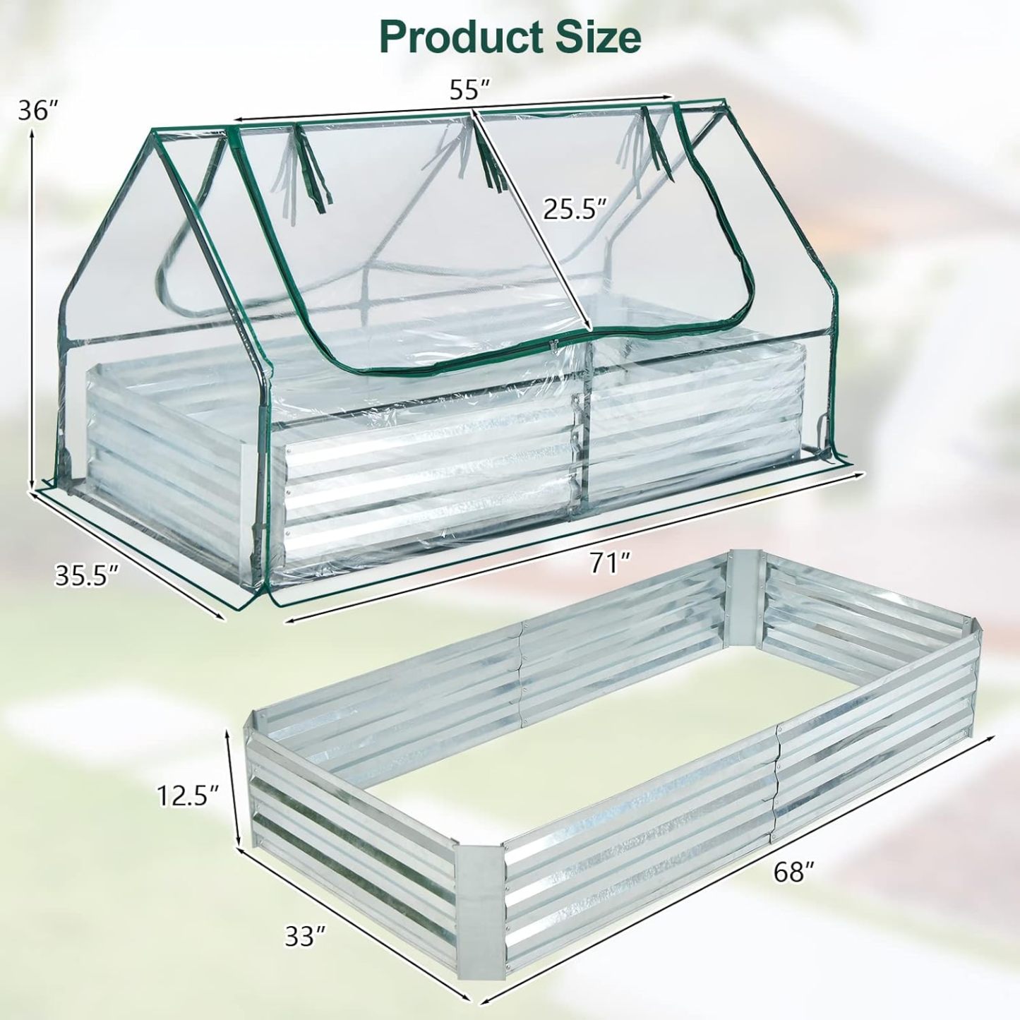 Raised Garden Bed with Cover, Outdoor Raised Planter Box Kit w/2 Large Zipper Mesh Screen Windows, Galvanized Metal Raised Bed Greenhouse for Gardening, Flowers, Vegetables (Silver)