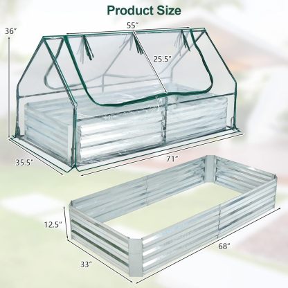 Raised Garden Bed with Cover, Outdoor Raised Planter Box Kit w/2 Large Zipper Mesh Screen Windows, Galvanized Metal Raised Bed Greenhouse for Gardening, Flowers, Vegetables (Silver)