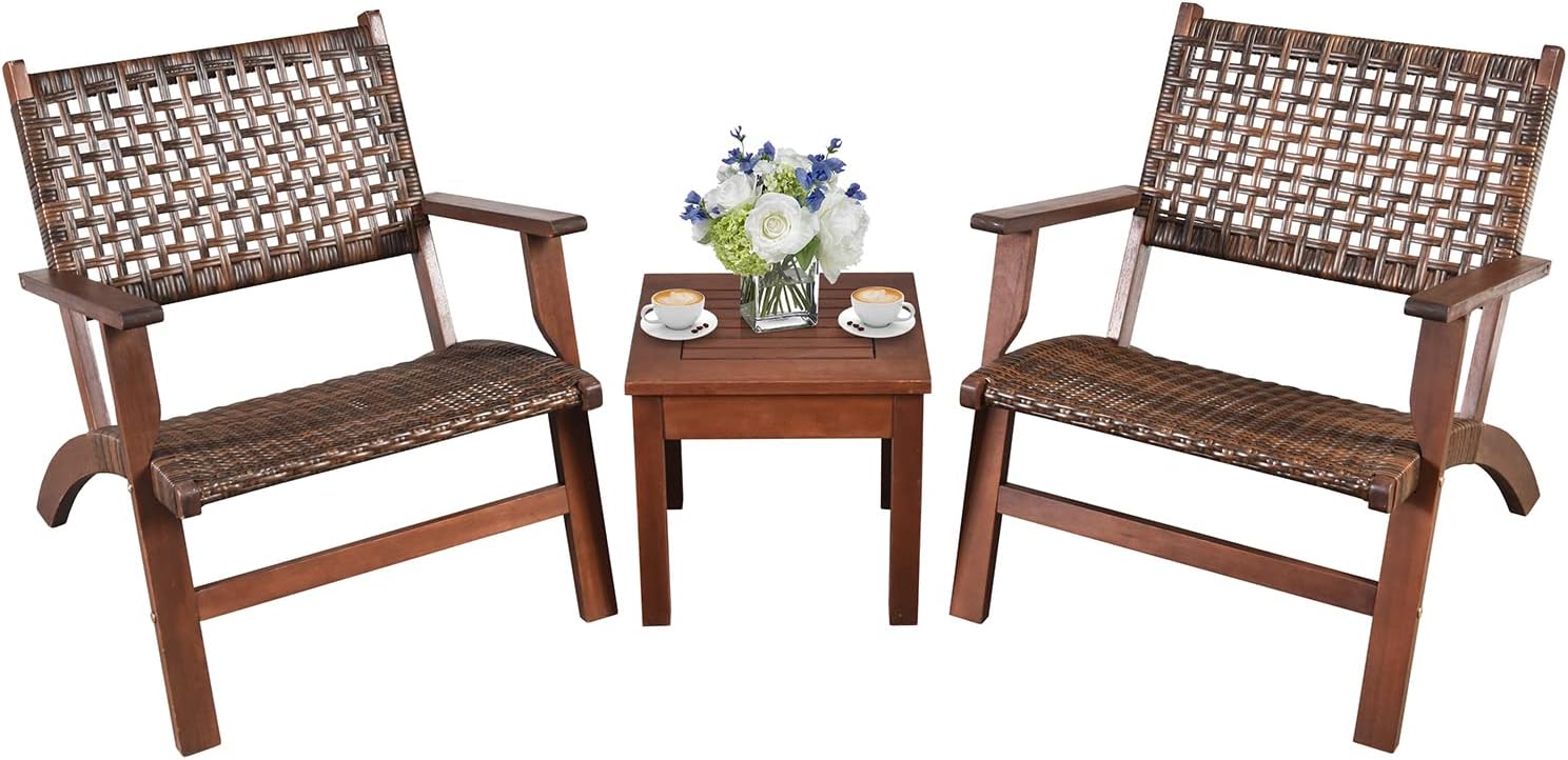 3 Piece Patio Conversation Set Eucalyptus Wood Chair with Rattan Wicker Back & Seat, Ergonomic Curved Design, Patio Bistro Set with Compact Coffee Table for Poolside Backyard Garden