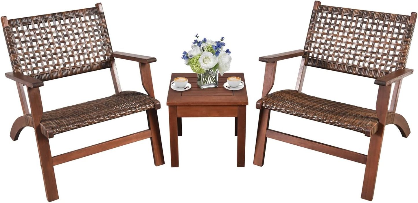 3 Piece Patio Conversation Set Eucalyptus Wood Chair with Rattan Wicker Back & Seat, Ergonomic Curved Design, Patio Bistro Set with Compact Coffee Table for Poolside Backyard Garden