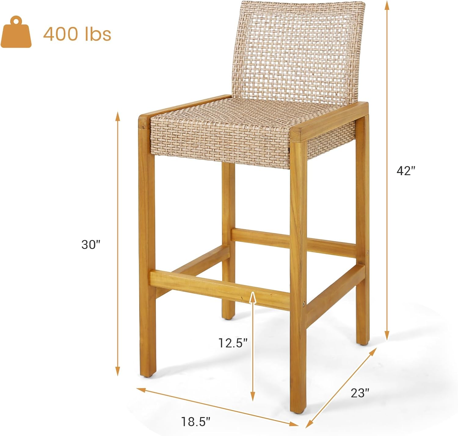 Wicker Bar Stools Set of 2, Patio Chairs with Solid Wood Frame, Ergonomic Footrest, Indoor Outdoor Bar Height Chairs