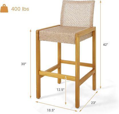 Wicker Bar Stools Set of 2, Patio Chairs with Solid Wood Frame, Ergonomic Footrest, Indoor Outdoor Bar Height Chairs