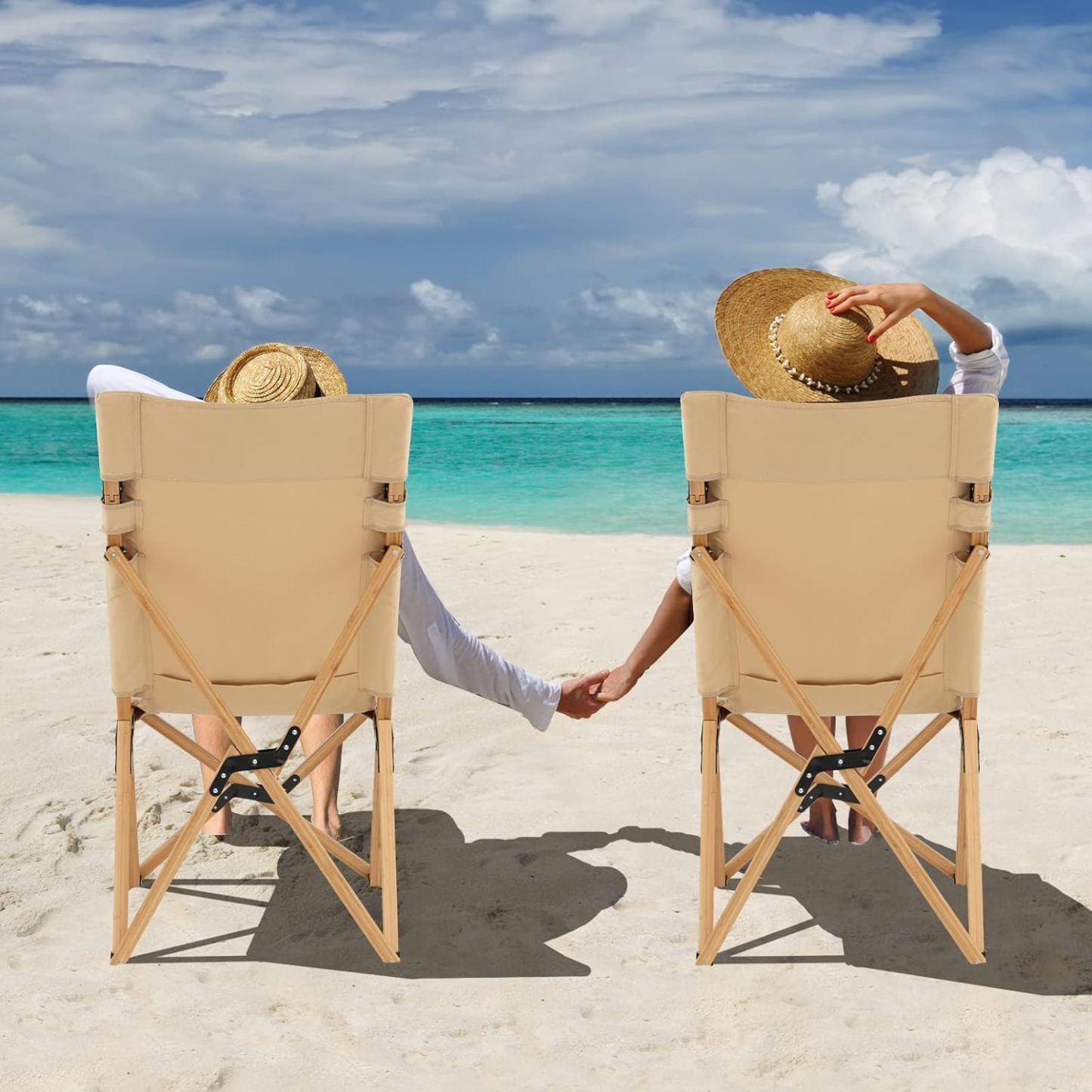 Folding Camping Chair, Bamboo Wood Beach Chair with Breathable Canvas, 2-Level Adjustable Backrest