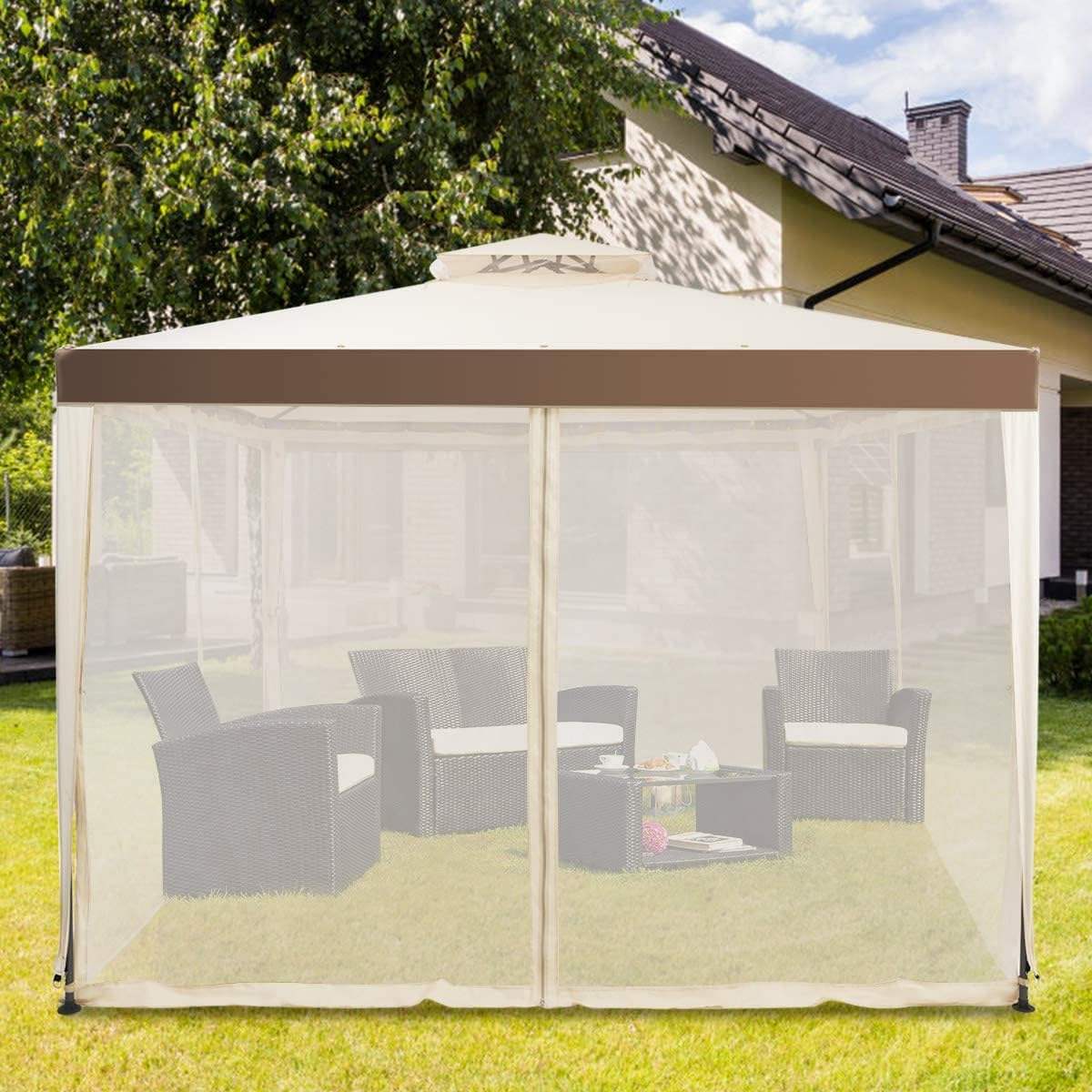 10FT Patio Canopy Gazebo with Double Tiered Roof, Outdoor Tent Shelter Garden Party Tent with Steel Frame & Removable Mesh Side Walls Net for Patio Lawn or Deck