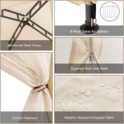 10FT Patio Canopy Gazebo with Double Tiered Roof, Outdoor Tent Shelter Garden Party Tent with Steel Frame & Removable Mesh Side Walls Net for Patio Lawn or Deck