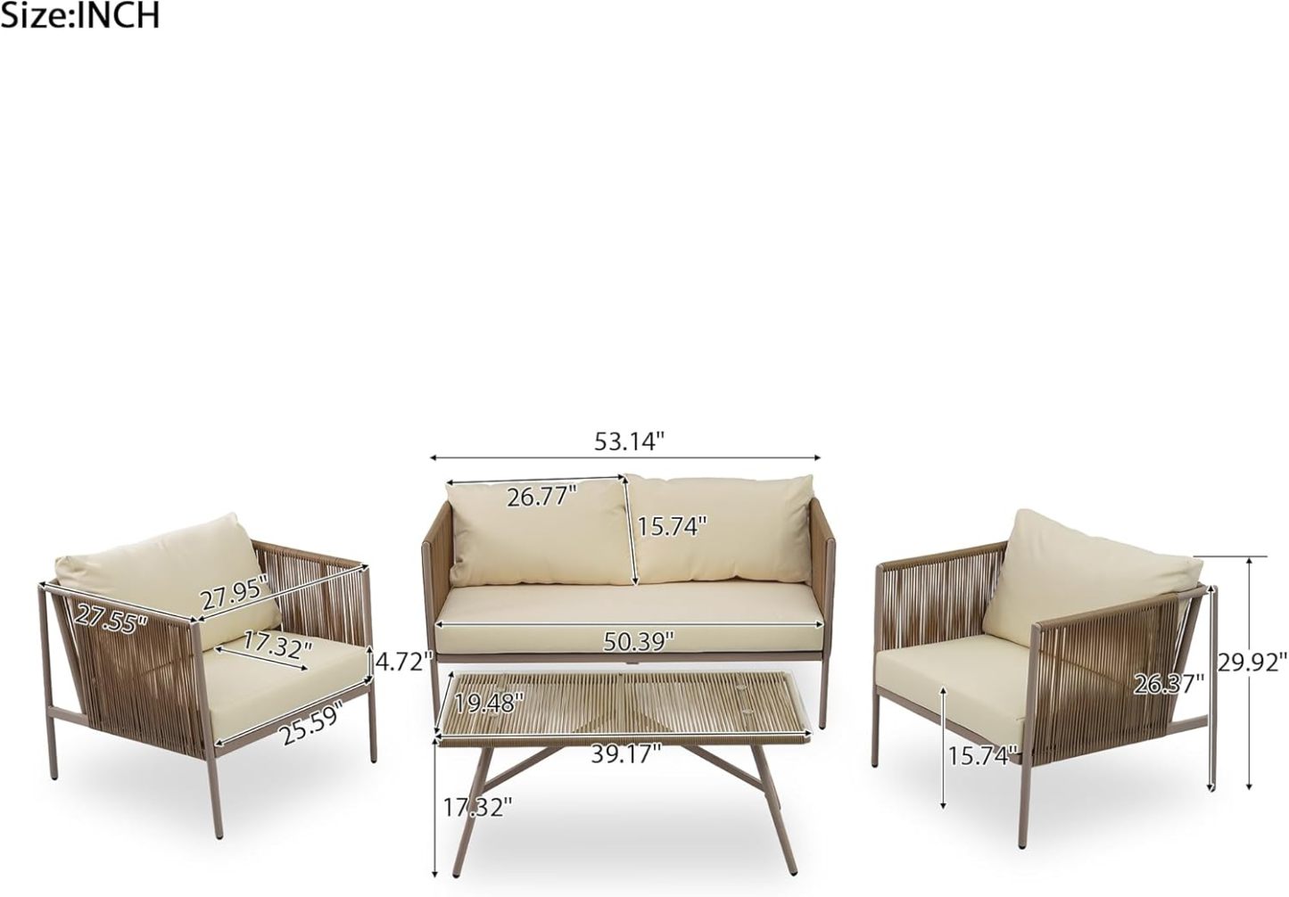 Patio 4-Piece Rope Sofa Set - Patio Furniture Set with Thick Cushions and Toughened Glass Table, All-Weather Patio Furniture Se