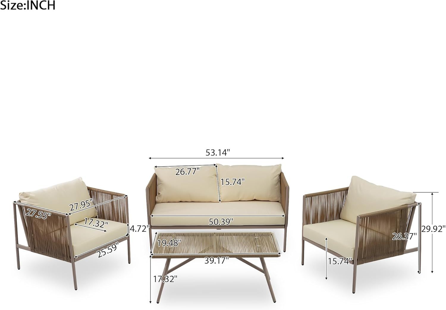 Patio 4-Piece Rope Sofa Set - Patio Furniture Set with Thick Cushions and Toughened Glass Table, All-Weather Patio Furniture Se