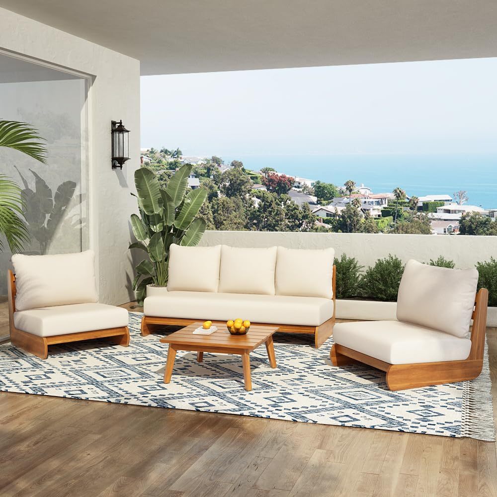 All Weather Conversation Sectional Sofa Set with 3 Seater Sofa and 2 Club Chairs, Low-Profile 5 Seater Design