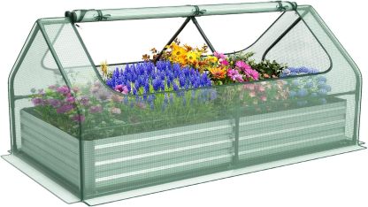 Raised Garden Bed with Cover, Outdoor Raised Planter Box Kit w/2 Large Zipper Mesh Screen Windows, Galvanized Metal Raised Bed Greenhouse for Gardening