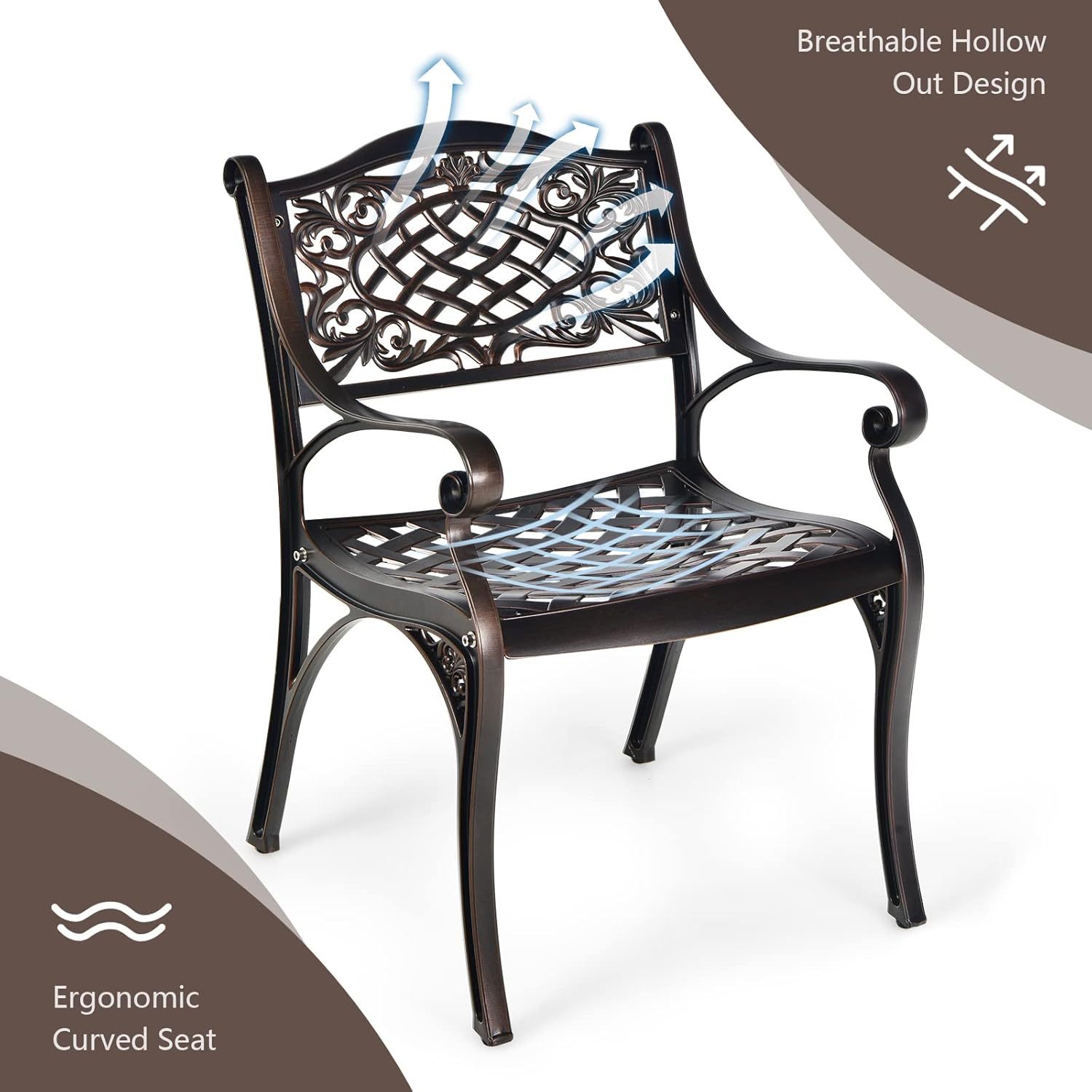 Aluminum Bistro Chairs Set of 2, All-Weather Patio Dining Chairs Armchairs Set for Porch Garden Poolside Backyard