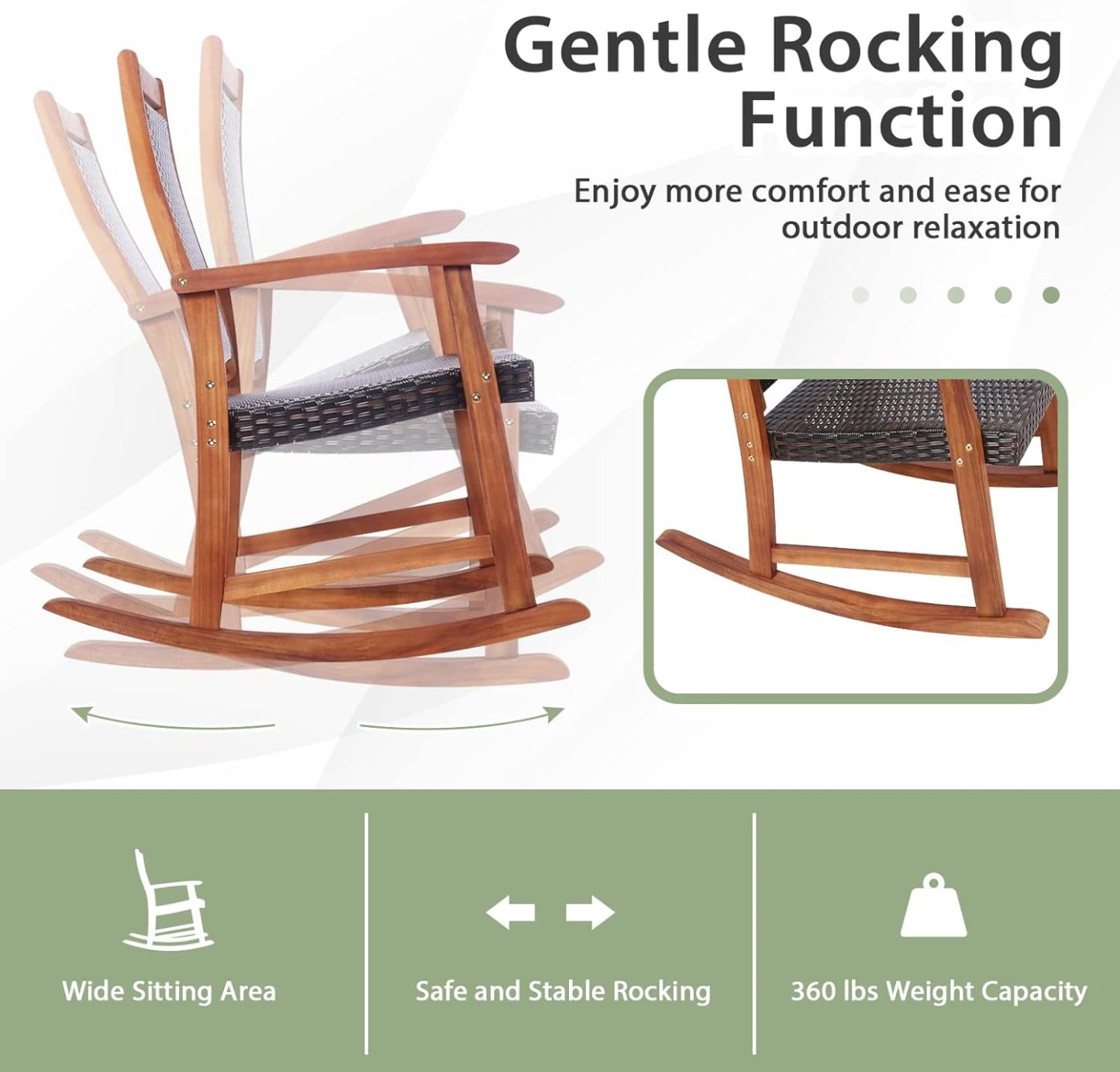 3 Pieces Rocking Bistro Set Acacia Wood Patio Rocking Chairs with Coffee Table, Rattan Wicker Rocking Conversation Set for Garden Porch Backyard