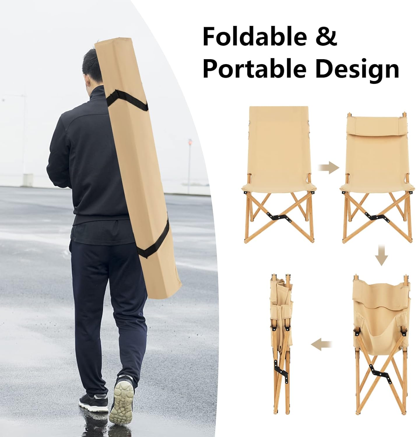 Folding Camping Chair, Bamboo Wood Beach Chair with Breathable Canvas, 2-Level Adjustable Backrest