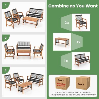 4 Pieces Patio Furniture Set Acacia Wood Conversation Set with Hand-Woven Rope Design, Ergonomic Loveseat & Single Chairs