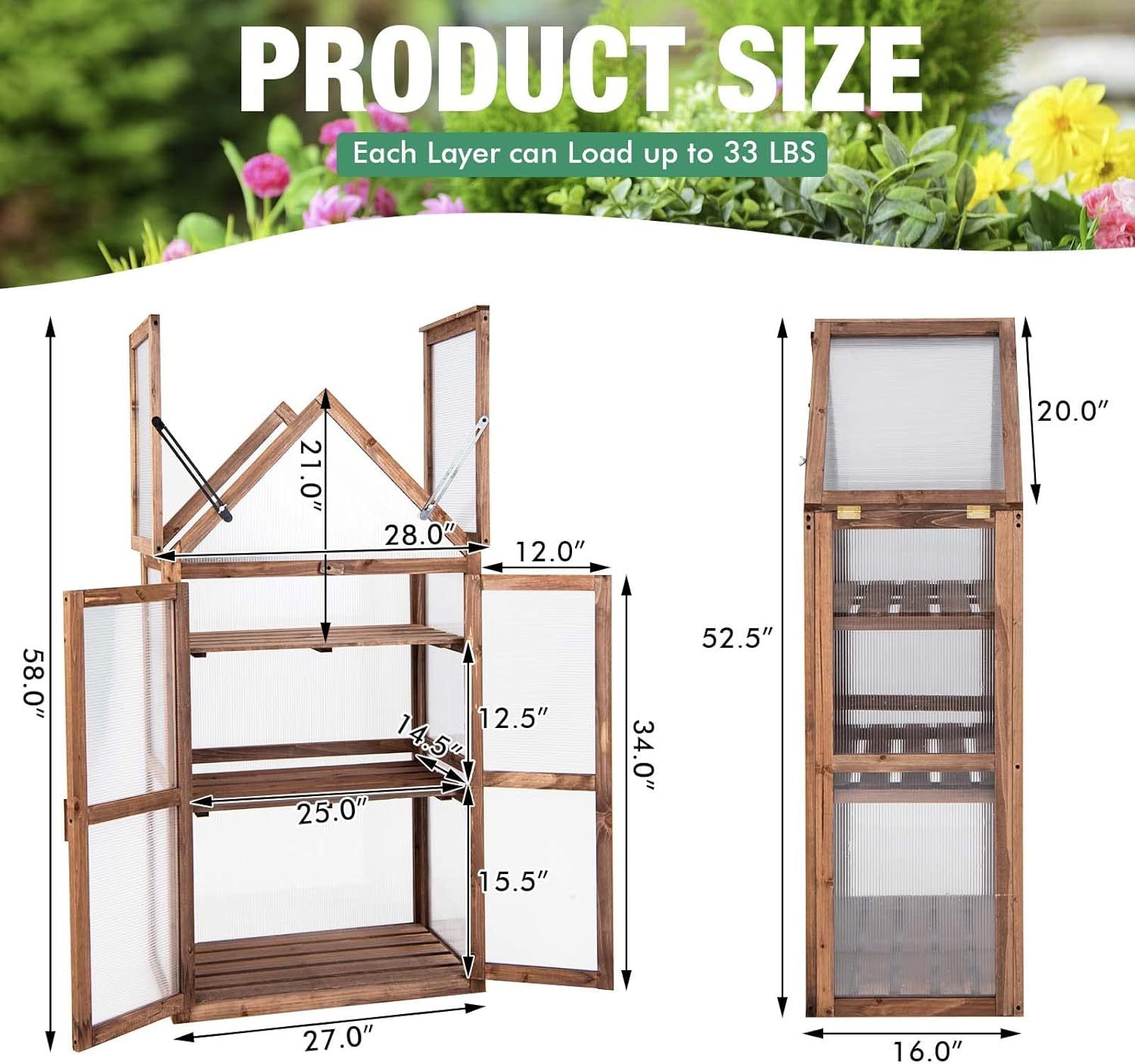 Cold Frame Greenhouse, Mini Wooden Greenhouse Raised Flower Planter Shelf w/Transparent Openable Roof, Double Doors & 3 Tier Shelves