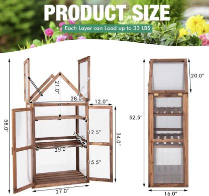 Cold Frame Greenhouse, Mini Wooden Greenhouse Raised Flower Planter Shelf w/Transparent Openable Roof, Double Doors & 3 Tier Shelves