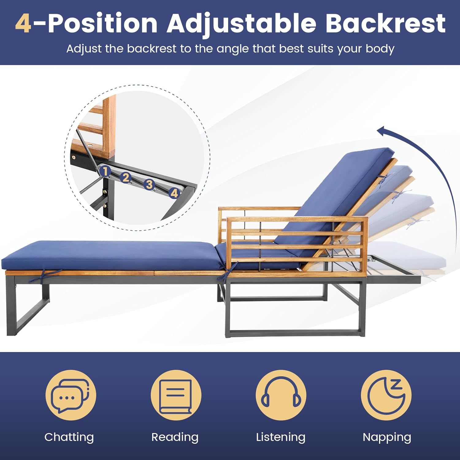 Acacia Wood Chaise Lounge Patio Recliner with 4-Position Adjustable Backrest & Padded Cushion, Outdoor Wooden Sun Lounger Sunbathing Chair for Backyard Beach Poolside