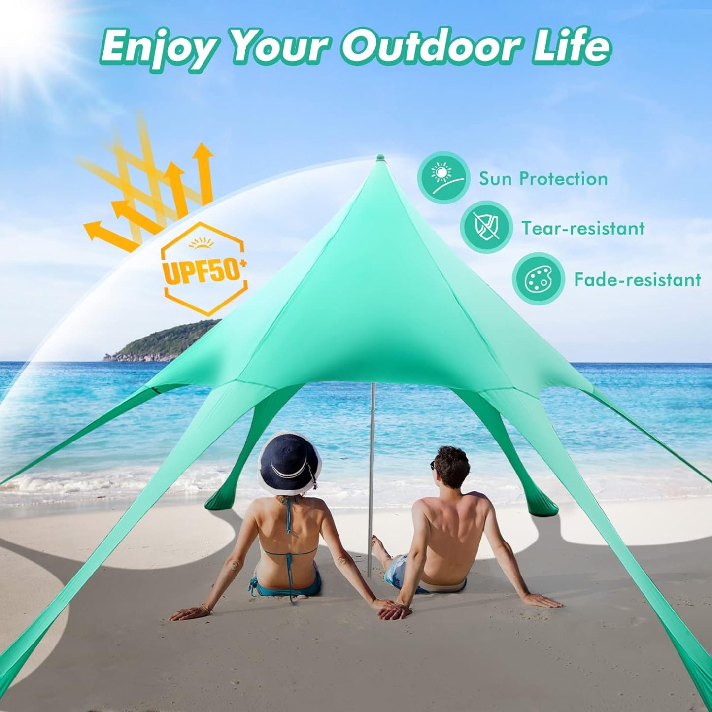 Beach Canopy Sun Shelter with Aluminum Pole, 20 FT x 20 FT, UPF 50+ Pop Up Tent with Sandbag, Tent Pegs, Sand Shovel, Carry Bag, Portable Outdoor Sunshade