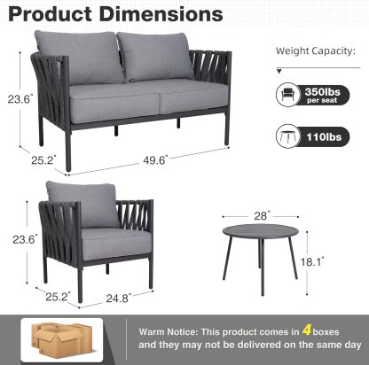 4 Piece Patio Furniture Set, Modern Patio Conversation Set, Outdoor Furniture with Table