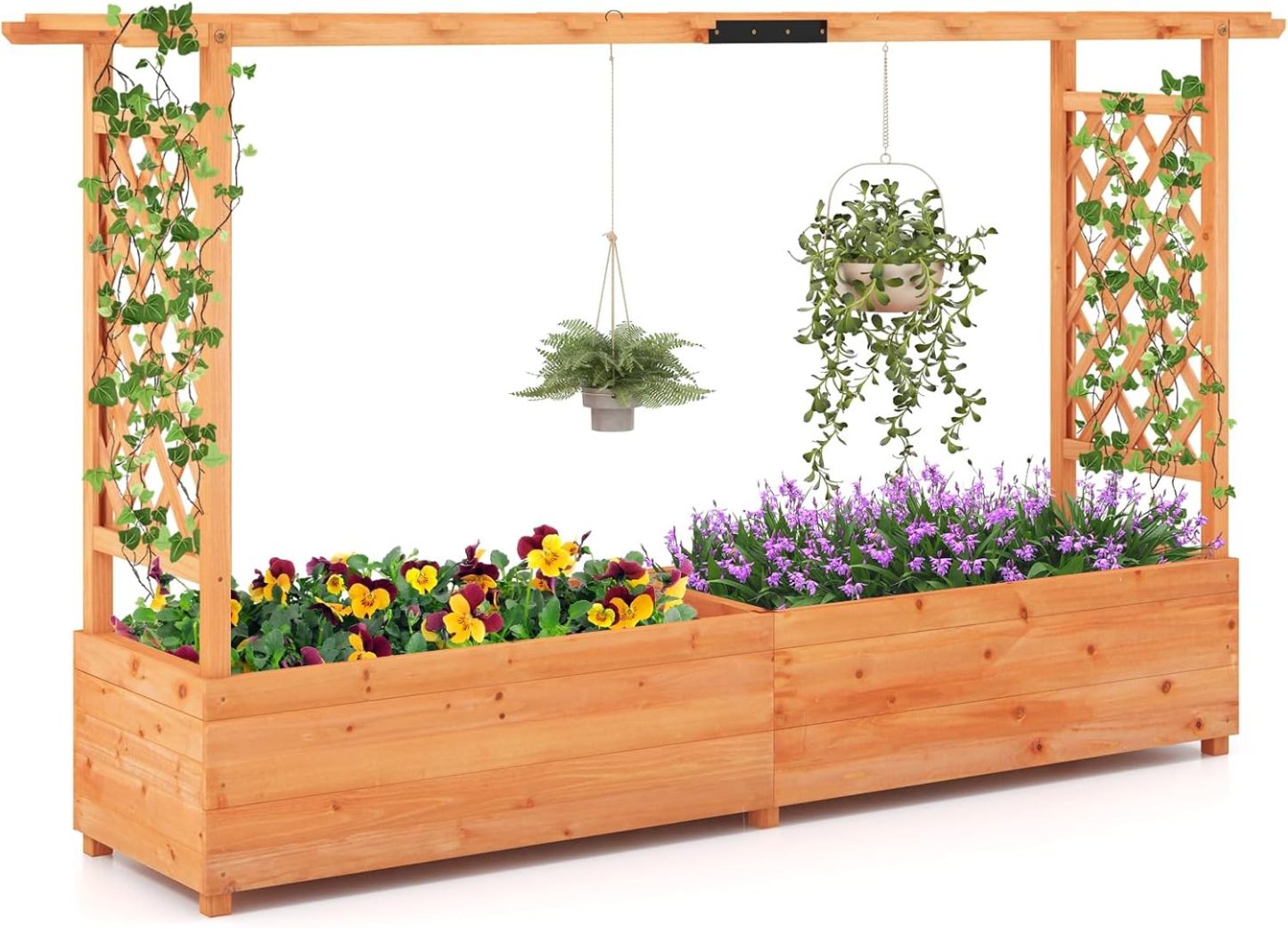 Raised Garden Bed with Trellis, Freestanding Wood Planter Box w/Hanging Roof & 8 Drainage Holes for Vine, Climbing Plants, Flowers, Outdoor Planter with Trellis