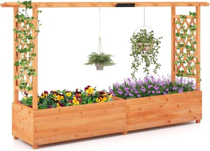 Raised Garden Bed with Trellis, Freestanding Wood Planter Box w/Hanging Roof & 8 Drainage Holes for Vine, Climbing Plants, Flowers, Outdoor Planter with Trellis