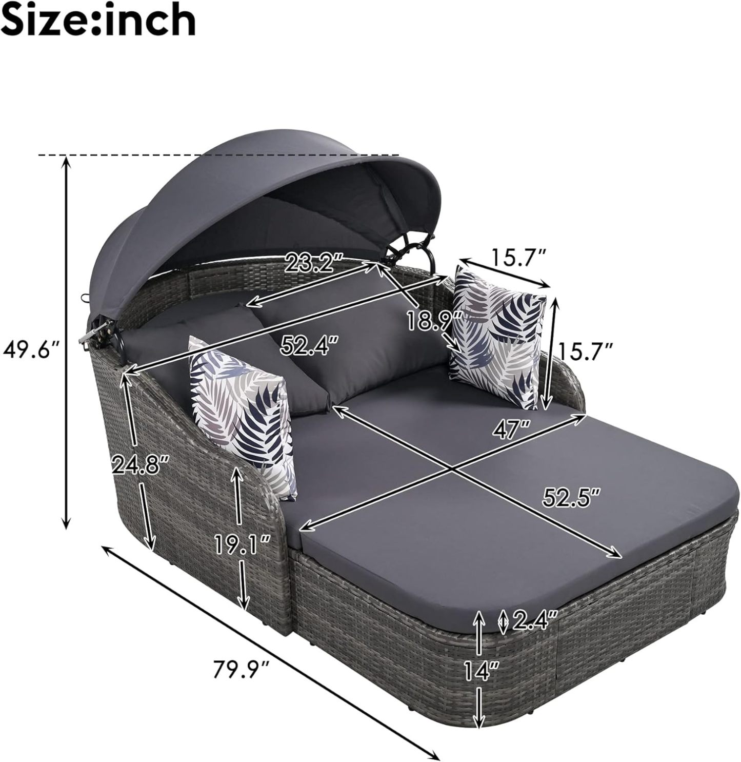 79.9" Outdoor Sunbed Rattan Daybed - PE Wicker Daybed Patio Loveseat Sofa Set with Retractable Canopy Double Lounge