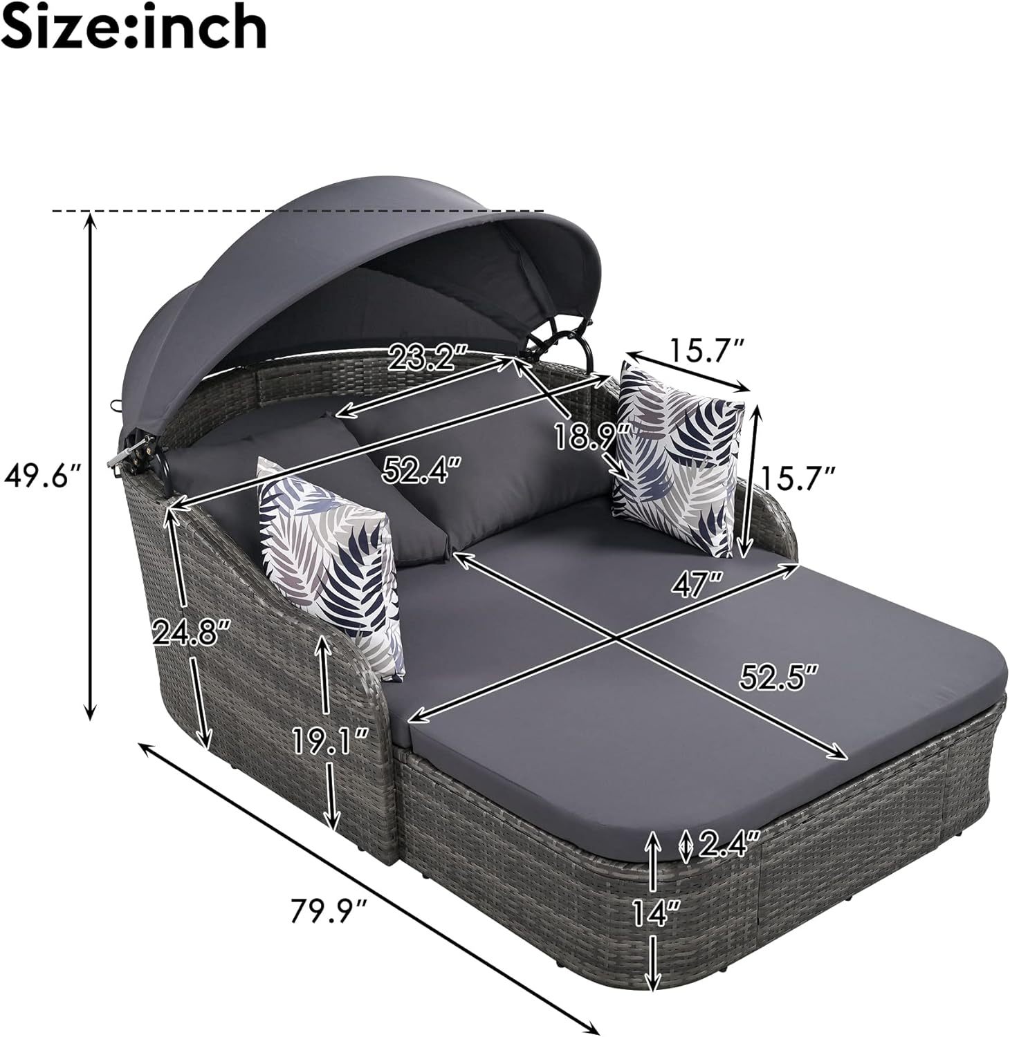 79.9" Outdoor Sunbed Rattan Daybed - PE Wicker Daybed Patio Loveseat Sofa Set with Retractable Canopy Double Lounge