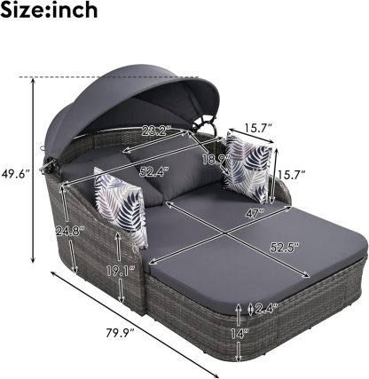 79.9" Outdoor Sunbed Rattan Daybed - PE Wicker Daybed Patio Loveseat Sofa Set with Retractable Canopy Double Lounge