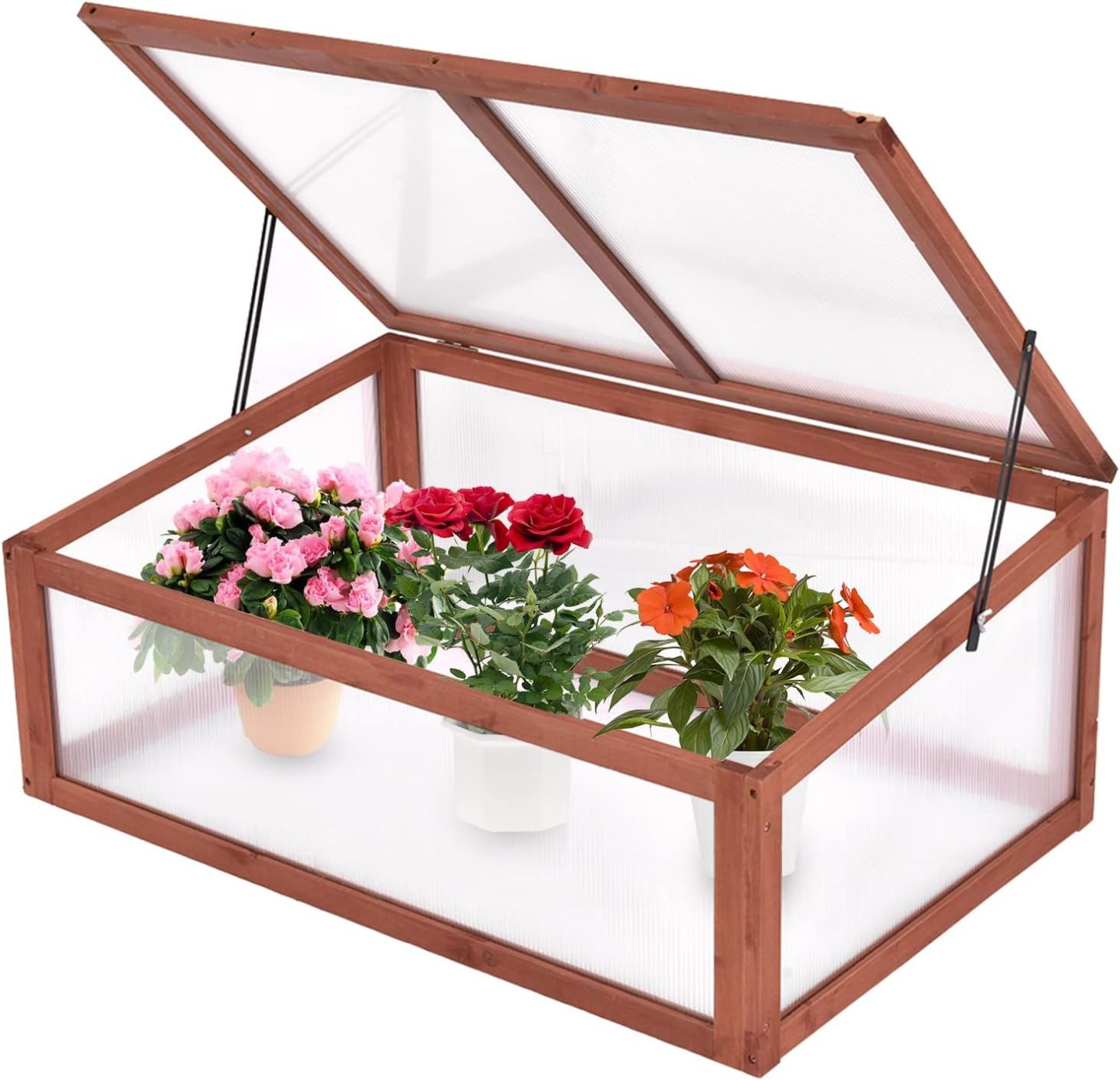 Small Greenhouse W/ Foldable Transparent Top, Adjustable Stays, Easy Installation, Portable Wooden Mini Greenhouse for GardenIndoor Outdoor
