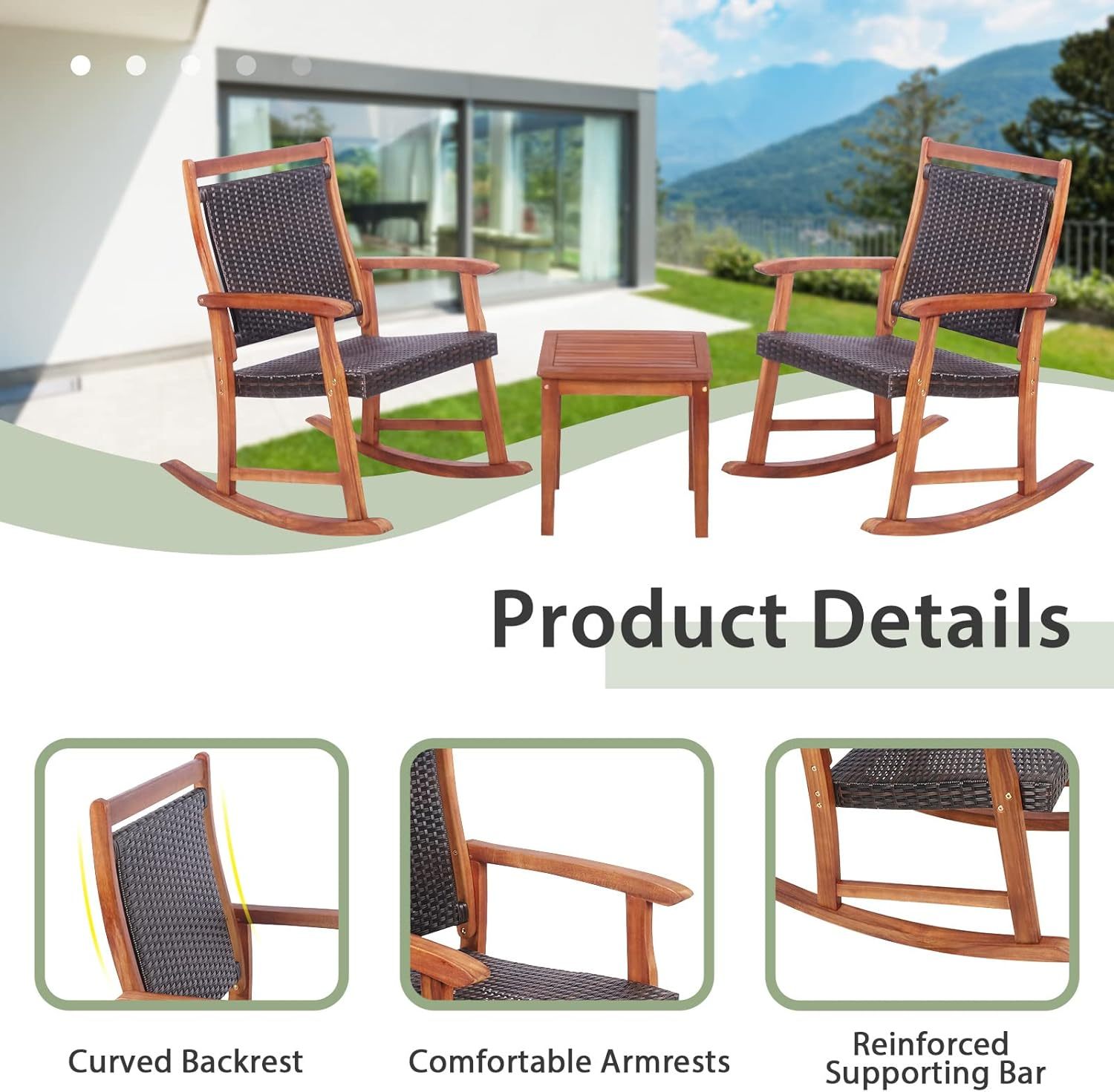 3 Pieces Rocking Bistro Set Acacia Wood Patio Rocking Chairs with Coffee Table, Rattan Wicker Rocking Conversation Set for Garden Porch Backyard