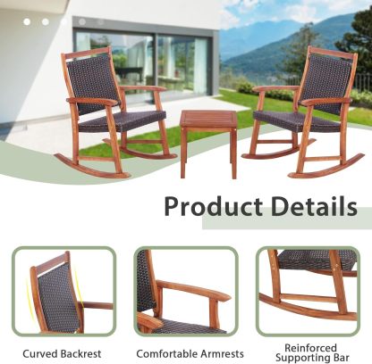 3 Pieces Rocking Bistro Set Acacia Wood Patio Rocking Chairs with Coffee Table, Rattan Wicker Rocking Conversation Set for Garden Porch Backyard