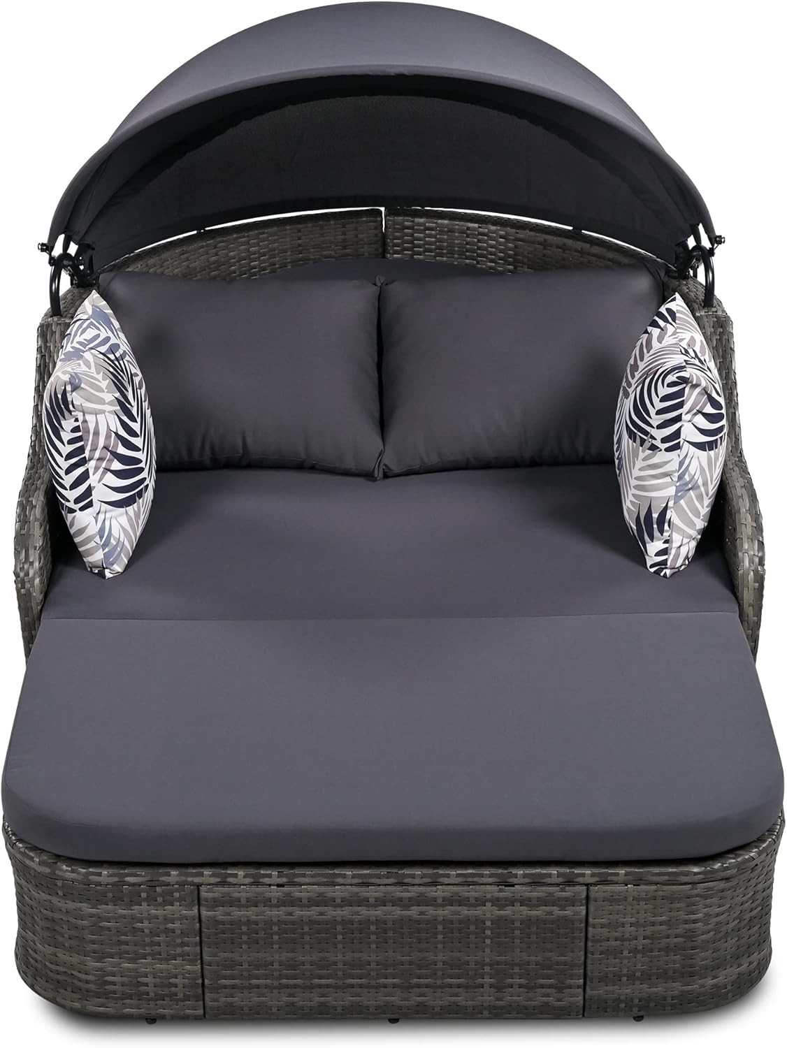 79.9" Outdoor Sunbed Rattan Daybed - PE Wicker Daybed Patio Loveseat Sofa Set with Retractable Canopy Double Lounge