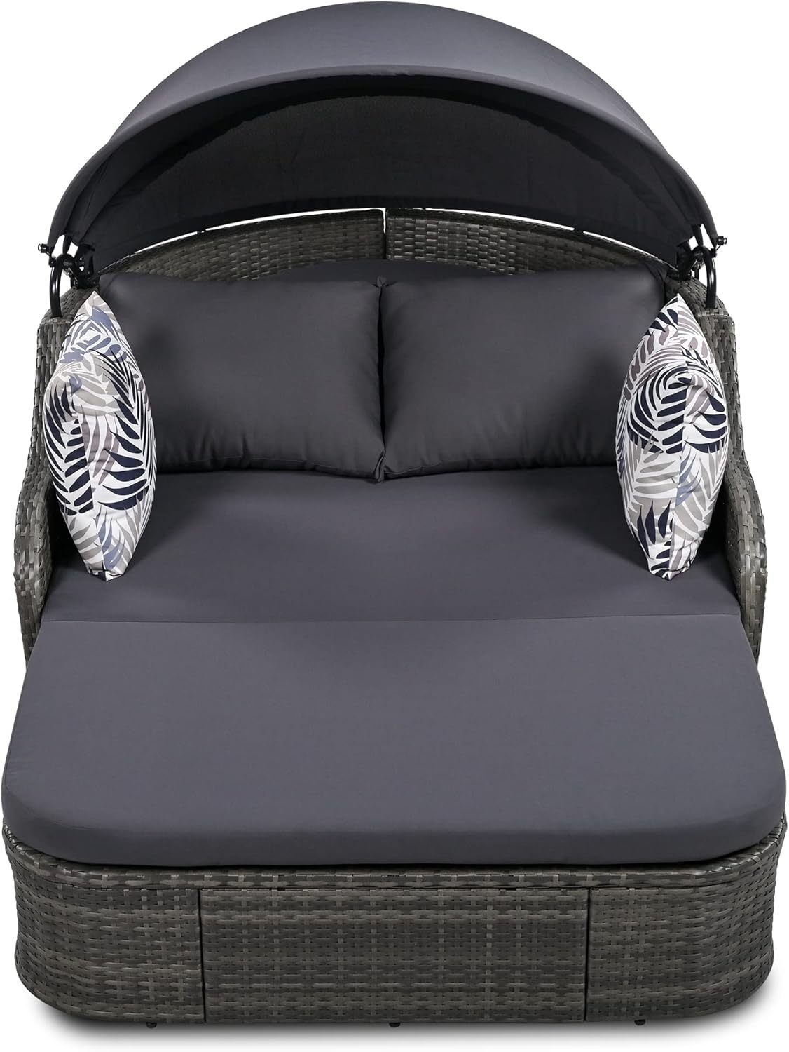 79.9" Outdoor Sunbed Rattan Daybed - PE Wicker Daybed Patio Loveseat Sofa Set with Retractable Canopy Double Lounge