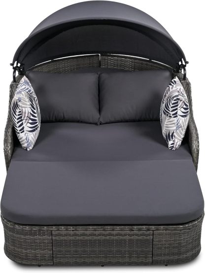 79.9" Outdoor Sunbed Rattan Daybed - PE Wicker Daybed Patio Loveseat Sofa Set with Retractable Canopy Double Lounge
