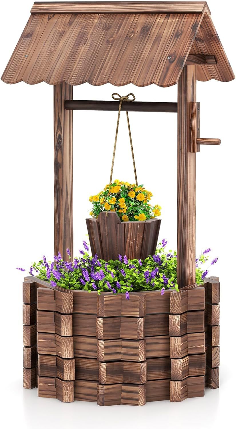Wooden Wishing Well Planter with Hanging Bucket, Flower Plants Planter, Outdoor Wishing Wells for Yard