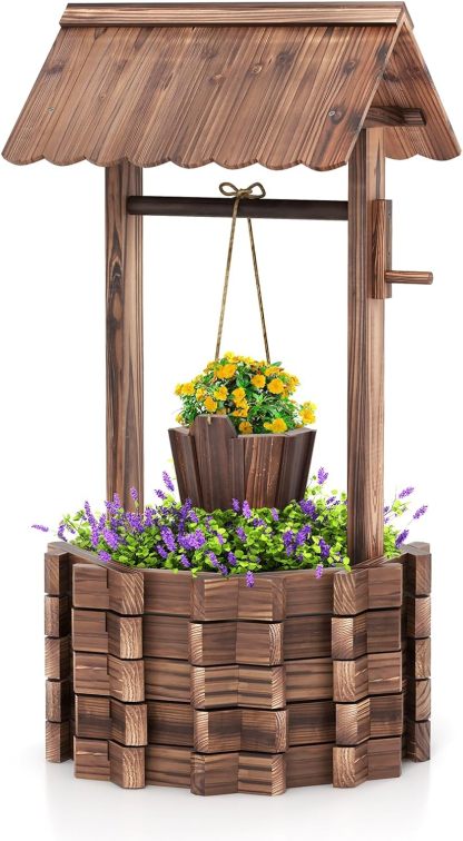 Wooden Wishing Well Planter with Hanging Bucket, Flower Plants Planter, Outdoor Wishing Wells for Yard