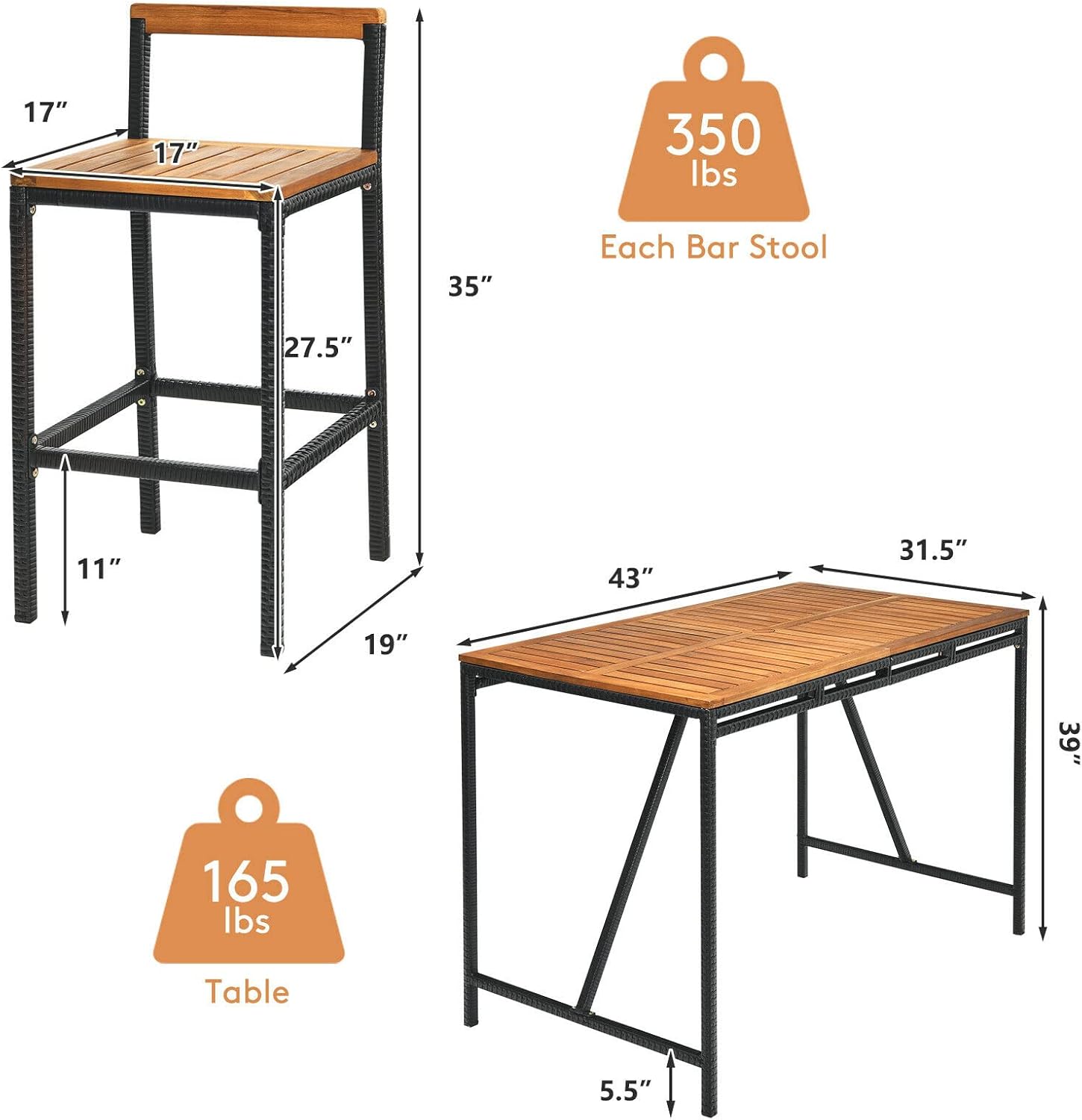 5 Pieces Patio Bar Table Set with Umbrella Hole Acacia Wood High-Dining Bistro Set with 4 Bar Stool, PE Wicker Outdoor Bar Set