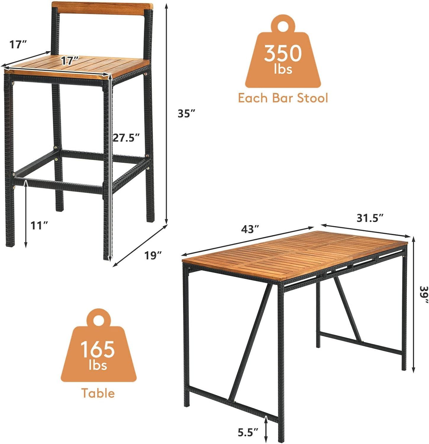 5 Pieces Patio Bar Table Set with Umbrella Hole Acacia Wood High-Dining Bistro Set with 4 Bar Stool, PE Wicker Outdoor Bar Set