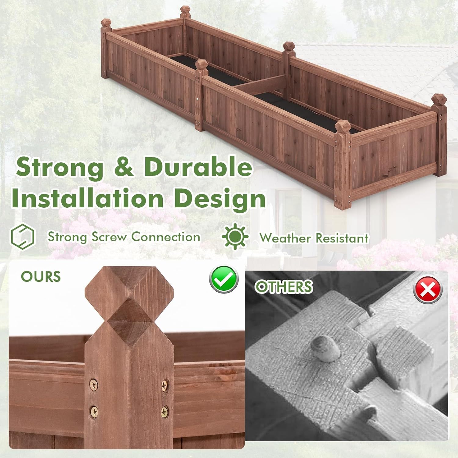 Raised Garden Bed, 91" x 24" x 16" Wood Plant Container with Drain Holes, Liner, Durable Outdoor Patio Planter Box for Flowers, Vegetables, Herbs, Fruits