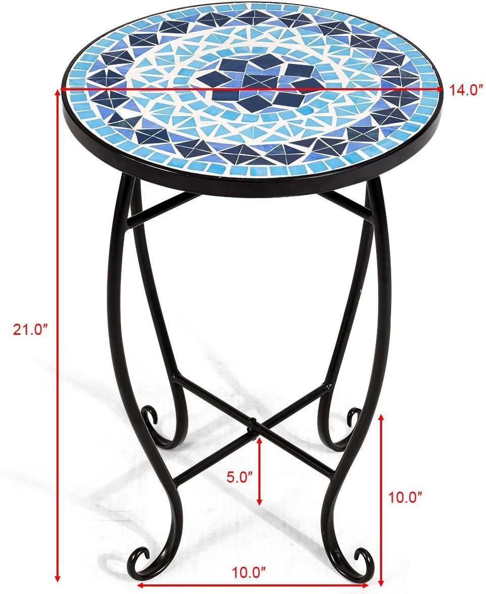 Outdoor Side Table, Round Patio Table with Ceramic Mosaic Table Top and Steel Frame, Small End Table Garden Plant Stand Table for Balcony Porch Deck
