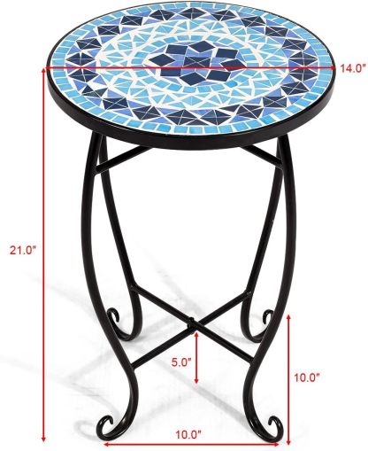 Outdoor Side Table, Round Patio Table with Ceramic Mosaic Table Top and Steel Frame, Small End Table Garden Plant Stand Table for Balcony Porch Deck