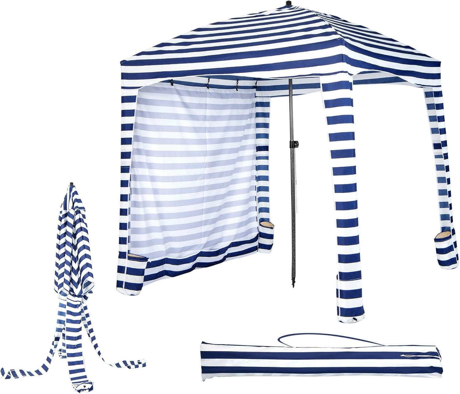 6FT Beach Cabana Canopy, Foldable Beach Sun Shelter with Carrying Bag, Sand Anchor, Detachable Sidewall & 8 Sandbags, Portable Outdoor Sunshade Tent for Camping Picnics