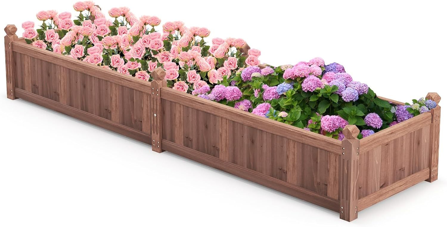 Raised Garden Bed, 91" x 24" x 16" Wood Plant Container with Drain Holes, Liner, Durable Outdoor Patio Planter Box for Flowers, Vegetables, Herbs, Fruits